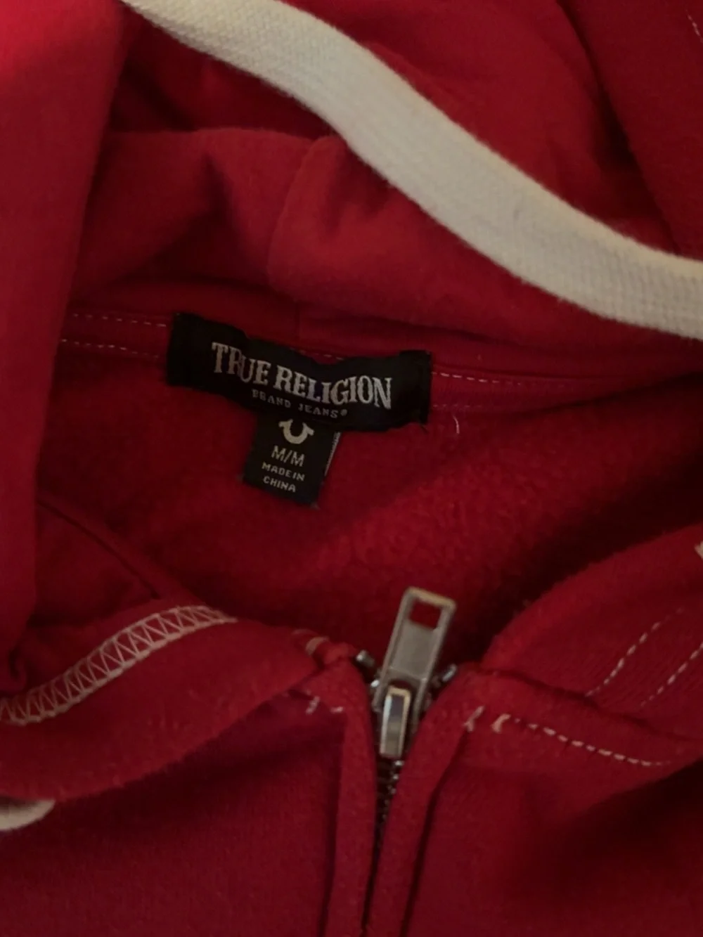 True Religion Red Full-Zip Hoodie with White Drawstrings